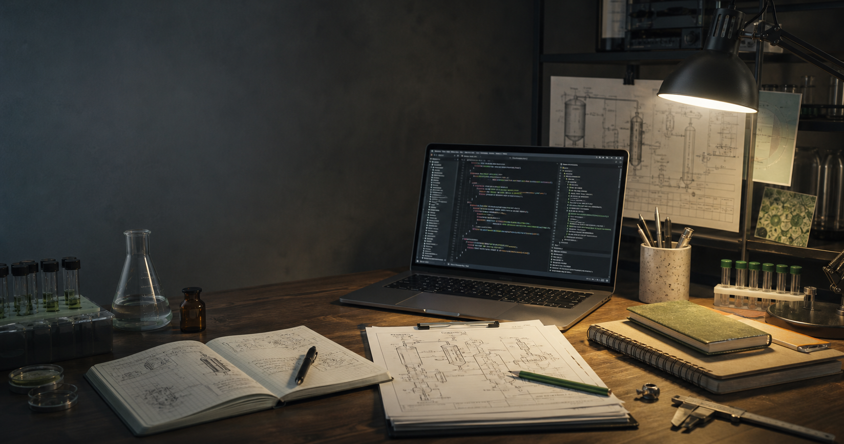 Programmer workbench with code, lab notes, and manufacturing schematics